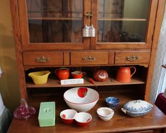 jade dish, Frankoma and other pottery, hutch