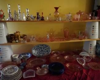pink depression, blue glass, decor