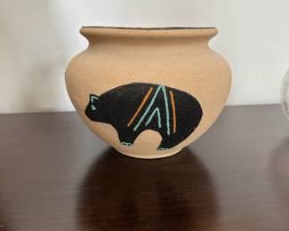 F23 - $20. Rancho Feliz Pottery with Sand Art Painting.  Measures 7" Round x 5.5" Tall
