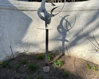 F17 - $650. Signed "FH" on the Base. Metal Garden Sculpture. Measures 20" Wide x 18" Deep x 57" Tall. 