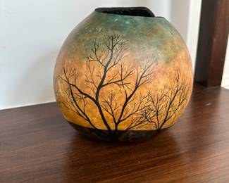 F30 - $35. Martha Danek 2000. Chatham Co. Artist. Carved and Painted Gourd.   Measures 8" Wide x 8.5" Tall