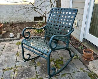 F16 - $65. Single Green Outdoor Rocking Chair. Measures 22.75" Wide x 28" Deep x 35" Tall