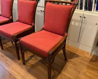 F129 - $150. Set of 4. David Francis Rattan Dinner Chairs. Have plaques on frame. All in sturdy condition - but they do show some wear.  Measure 22.5" Wide x 24" Deep x 37.5" T