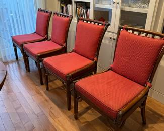 F129 - $150. Set of 4. David Francis Rattan Dinner Chairs. Have plaques on frame. All in sturdy condition - but they do show some wear.  Measure 22.5" Wide x 24" Deep x 37.5" T
