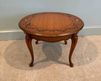 F4 - $75. Small Round Side Table with design painted on. Measures 23.5" round x 16" tall. 