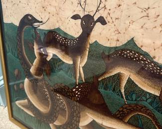 F93 - $45. Framed Fabric Panel. Measures 35" wide x 24.5" tall