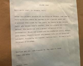 F13 - $125. Original Art by Hilome Jose - Haitian Artist. Measures 17.5" x 21.25". 