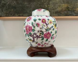 F41 - $35. Old Foley "Chinese Rose"  Lidded Urn.  Measures 6" Wide x 8" Tall with stand.