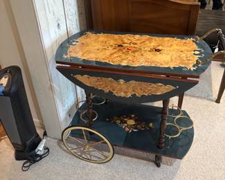 Vintage burl wood rolling bar cart