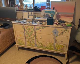 painted dresser, sewing machine