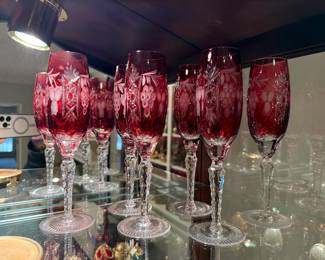 	#24	Cut to clear crystal red champagne flutes 8.25" set of 6	 $80.00 				