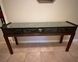 	#22	Drexel  Asian inspired console table with glass top 56x14x27	 $150.00 				