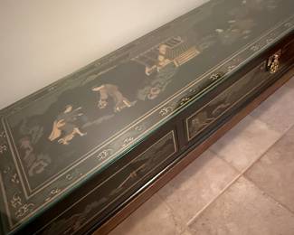 	#22	Drexel  Asian inspired console table with glass top 56x14x27	 $150.00 				
