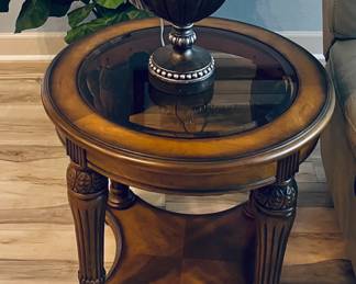 Pair of solid wood glass top round end table, 27 x 30