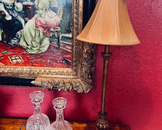 Crystal decanters, table lamp, wall art