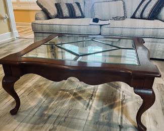 Solid wood square glass top coffee table 