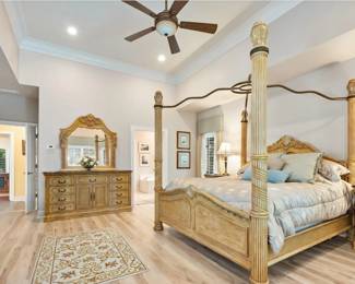 King Size Bedroom Suite includes canopy bed, 90 x 84 x 94 ; two marble top nightstands, 35 x 18 x 34; long dresser w/mirror, 71 x 17 x 39; armoire/wardrobe, 46 x 21 x 85. 