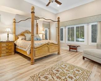 Brass lamps, 32"; matching floor lamp, 72"; Oversized chair, 69 x 38 x 20; floor runner, 42 x 66.