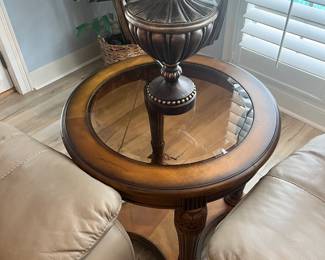 Pair of solid wood glass top round end table, 27 x 30