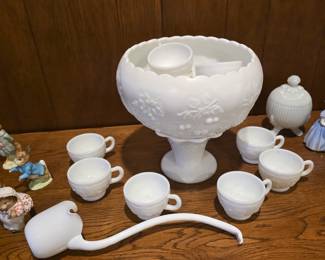 Vintage Westmoreland Milk Glass Punch Bowl and rare vintage ladle 