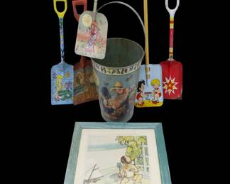 Vintage seaside pails, shovels 