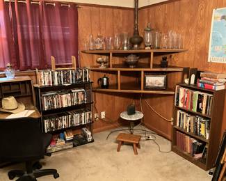 Collectible Glassware, Lots Of Dvd's, Books, media Racks and Bookcases