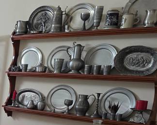 Extensive Pewter Collection & Cherry Wall Display Shelf