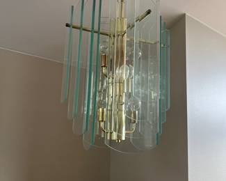 Art Deco Brass and Glass panel chandelier