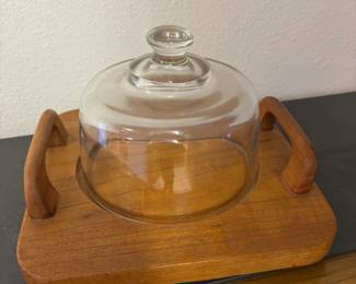 Teakwood cheeseboard with glass dome and handles. Like new condition!