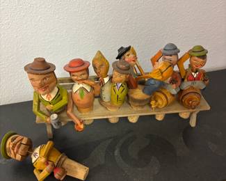 Vintage Anri carved wooden mechanical bottle stoppers with display stand