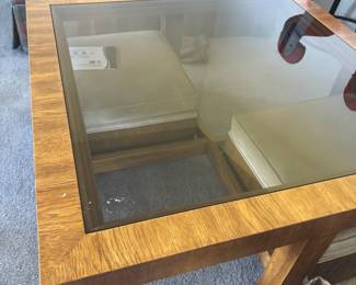 Drexel Smoked glass topped Consensus collection cocktail table with 2 ottomans