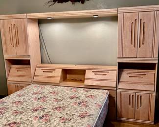 Queen Bed w/Light Colored Storage Cabinets