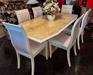 White lacquer dining table with 1 leaf and 6 chairs - excellent condition! 