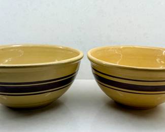 Vintage Yellow Ware Pottery Mixing Bowls with Brown Stripes