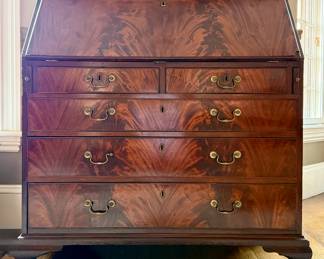 Antique George III Mahogany Desk with Flame Veneer and Original Swan Neck Handles, circa 1780