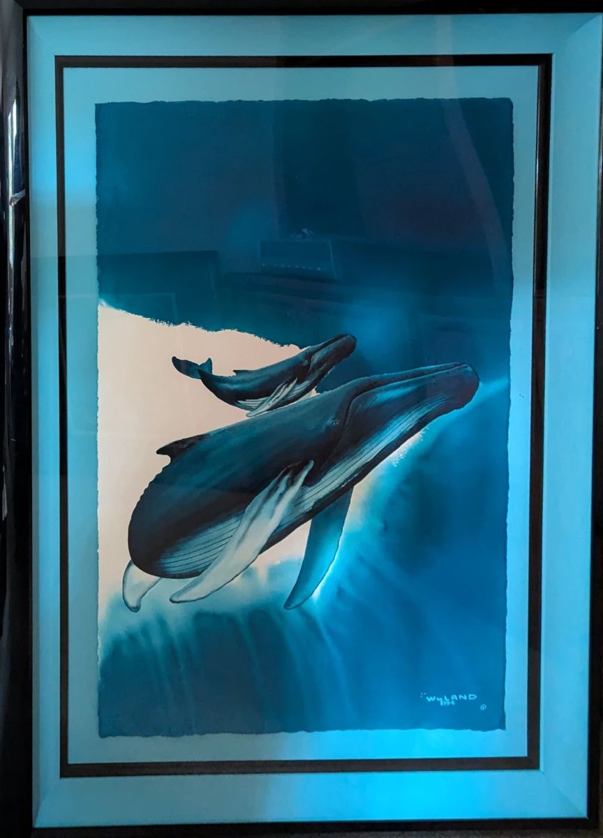 Robert Wyland Original Watercolor - "Open Ocean" $30,000. Black Lacquer Frame. 54" x 44"