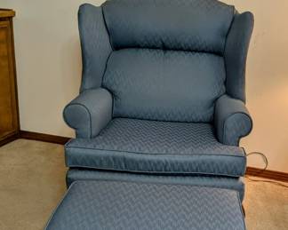  Blue Wing Back Chair (2 available) $60 for chair shown, $50 for the other (slight damage).  Blue Ottoman - $40.