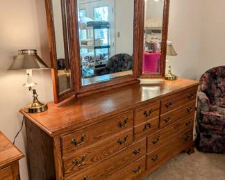Gorgeous Dresser w/ Mirror - $400 - 66.5" long,  19.5" deep, 32" tall.  Mirror is 51" tall, panels are 22 + 29 + 22