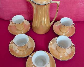 1940's Lustreware Chocolate Pot with Cups and Saucers..