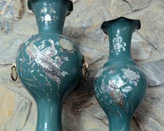 VERY Vintage Brass Vases - Mother of Pearl Inlay.