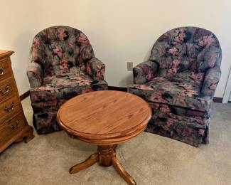 Fairfield Club Chairs, Swivel & Rock - $75 each. Round Oak Table $80. Chairs = 28.5" wide, 30" deep, 31" tall. Table = 24.5" across top, 20.5" tall.