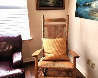 Cracker Barrel oak rocker with rush seat and back - excellent condition