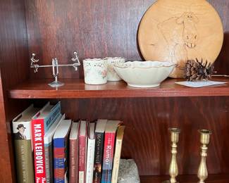 Brass candle sticks and Lenox 24k gold dipped bowl and cup set