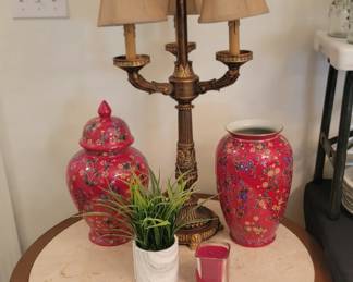 Mersman Round table with Marble Top on Casters with Signature Home Collection Asian Style Vases