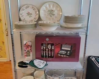 Lenox Floral Meadows Dish, Lenox Holly Frligree Dinnerware, Wallace 18/10 Stainless Flatware Gold Accent Coin Edge NIB, Pfaltzgraff Winterberry Bowls & Cups