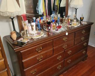 American Drew Dresser and Mirror along with Pr. of Lamps and Perfumes