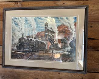 Framed Matted and Signed Art Print of RailRoad Scene by Joseph W Woltcheck