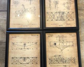 Set of 4 Framed Reproductions of Wright Brothers Airplane Drawings for Patent Applications