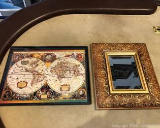 Framed 17th Century Map Reproduction and Gorgeous Mirror