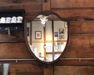 Vintage Wooden Shield Shape Mirror